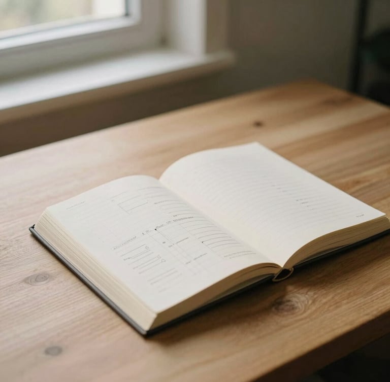 A warm editorial photograph of an open notebook with structured diagrams on a minimalist wooden desk, soft window daylight, muted earth tones.