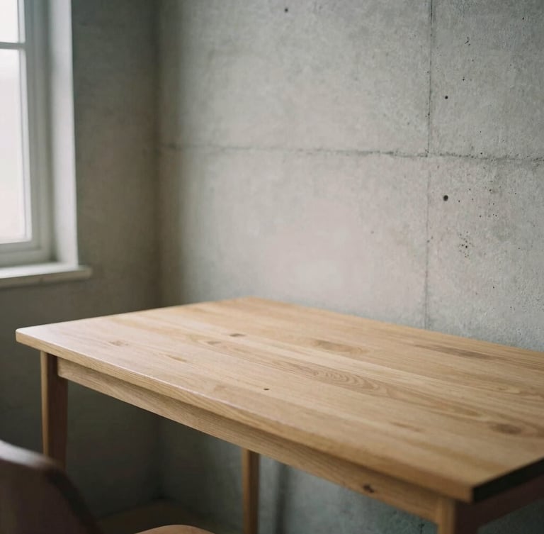 Wide quiet environmental shot of a minimalist wooden desk near a concrete wall, soft morning light, 35mm film