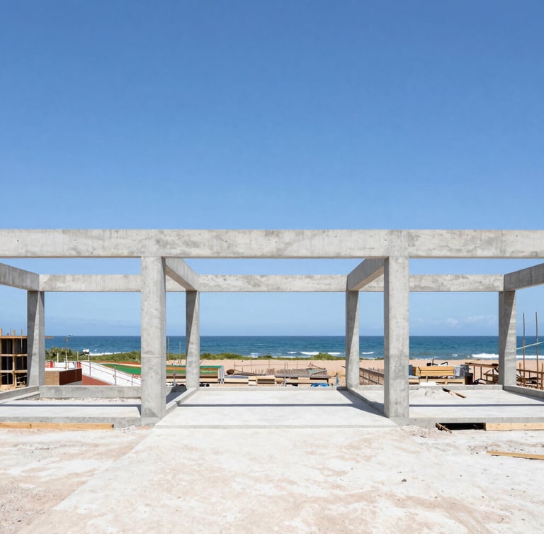 Wide shot of a clean, highly organized modern construction site in Florianópolis, concrete structure framing the blue coastal sky, bright daylight, 35mm