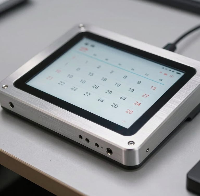 Macro studio shot of a machined aluminum desk display, matte glass screen showing a clean calendar interface, sharp highlights on the metallic chamfered edges.
