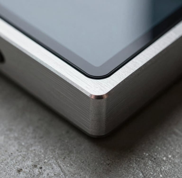Macro close-up of a machined aluminum device edge, matte glass screen surface, low-key dramatic studio lighting with sharp highlights on metallic edges, raw concrete background.