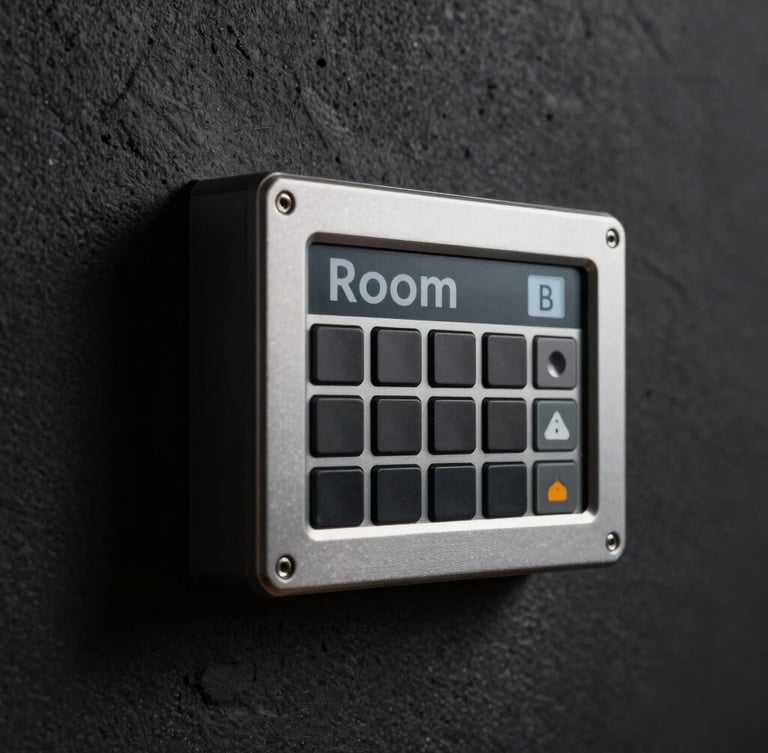 Macro studio photograph of the Room Scheduler device mounted flush on a dark concrete wall, low-key dramatic side lighting highlighting the sharp machined aluminum edges.