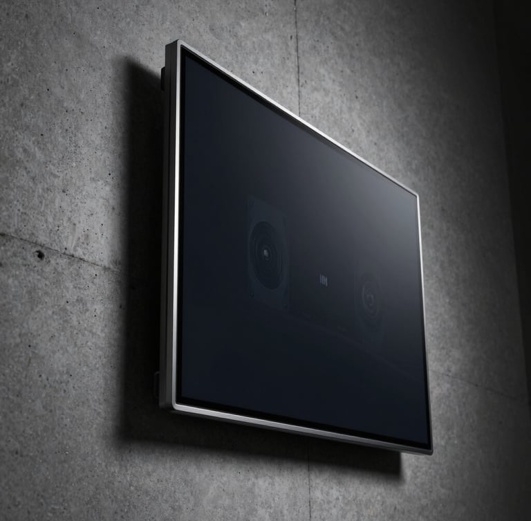 Macro side-profile of an ultra-wide matte glass screen mounted on a raw concrete wall. Low-key dramatic studio lighting catching the sharp machined metal edge. Custom dark telemetry interface visible on screen.