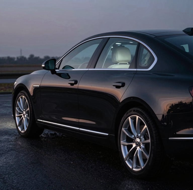 Sleek black executive sedan parked on wet asphalt at twilight, sharp focus on polished chrome details and pristine leather interior visible through the window, low-key dramatic lighting, 35mm