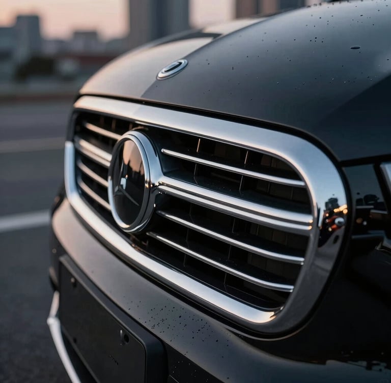 Macro shot of polished silver chrome detailing on a black luxury vehicle exterior, wet asphalt reflections, twilight city background, sharp focus