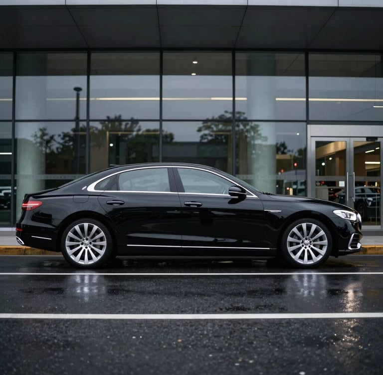 Sleek profile of a polished black luxury sedan parked outside a modern glass terminal at twilight, wet asphalt reflecting crisp silver highlights, sharp focus, 35mm