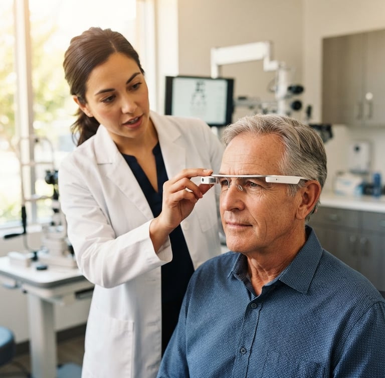 Over-the-shoulder medium shot of an ophthalmologist in a bright, modern clinic demonstrating sleek white smart glasses to a senior patient, warm natural daylight, sharp focus, 35mm lens