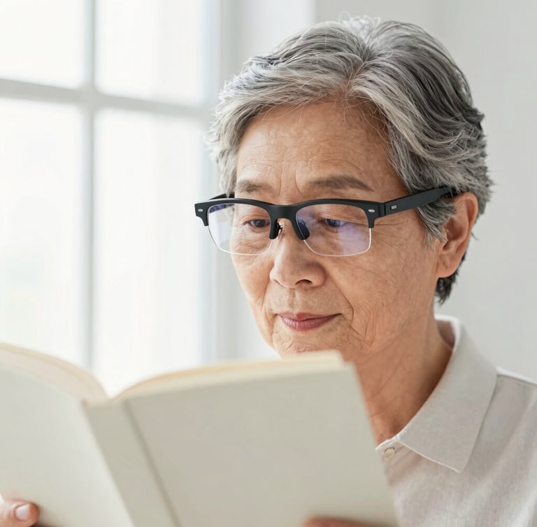 Close-up of a senior patient reading a high-contrast book with ease while wearing advanced electronic smart glasses, bright natural window light, clinical editorial style
