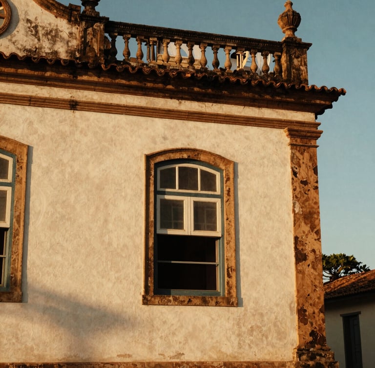Warm editorial photography of a close-up architectural detail of a historic building in Três Lagoas, old textured wall, golden hour light, 35mm film style.