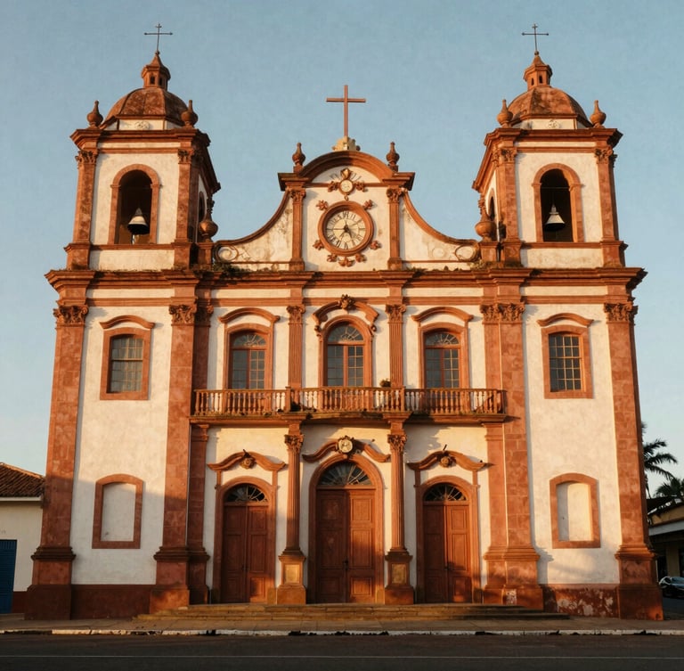 Warm editorial photography of a historic cultural center facade in Três Lagoas, golden-hour natural light, rich terracotta tones, authentic architectural detail, 35mm film style.