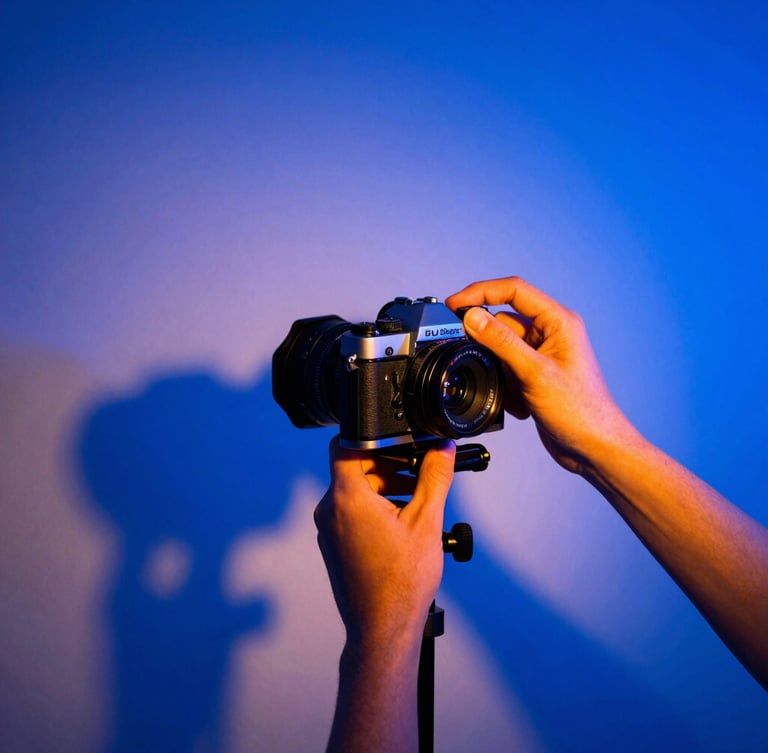 High-contrast studio photography setup, hands adjusting a vintage camera rig under dramatic blue neon lights, sharp shadows