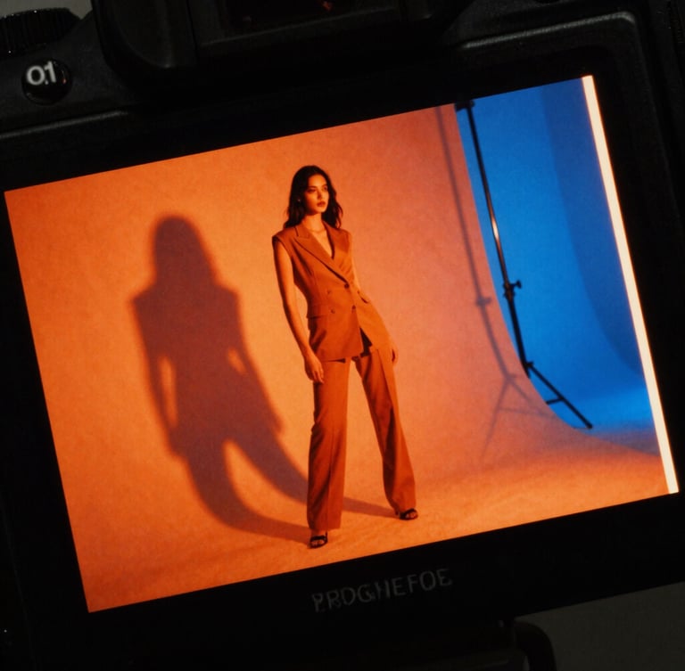 Close-up macro crop of a professional camera monitor displaying a high-contrast fashion shoot, vibrant orange neon edge-lights, sharp shadows, raw 35mm film grain.