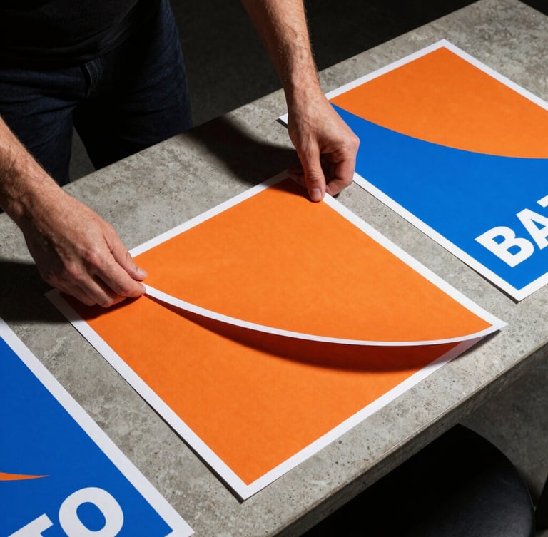 High-contrast editorial photography of hands arranging raw campaign poster mockups on a concrete studio table, dramatic flash lighting, vibrant orange accents, sharp shadows.