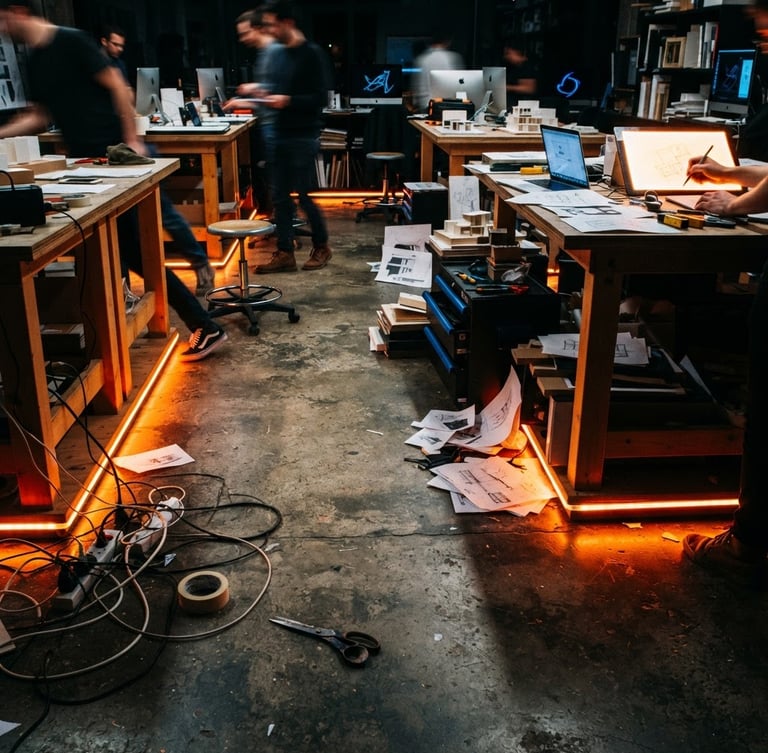 Dynamic low angle shot of a physical design studio floor, vibrant orange neon edge-lights casting sharp shadows on concrete, 35mm film grain