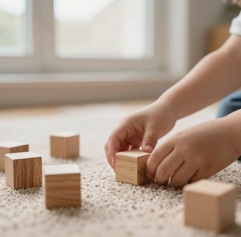 Close-up of a child's hands arranging smooth wooden blocks on a warm wool rug, soft window light, shallow depth of field, 35mm