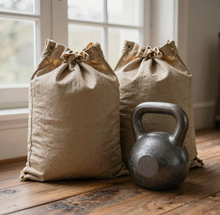A pair of heavy canvas sandbags and a steel kettlebell on a rustic wooden floor, soft side lighting, warm organic tones, 35mm