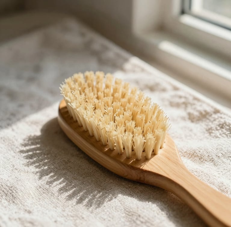 A close-up flat-lay of a wooden body brush with natural bristles resting on a textured linen towel, warm morning sunlight, organic shadows, 35mm