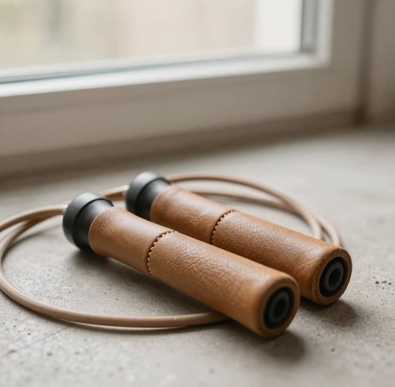 Close-up of a high-quality leather jump rope coiled on a light concrete floor, soft morning window light, warm organic tones, shallow depth of field, 35mm