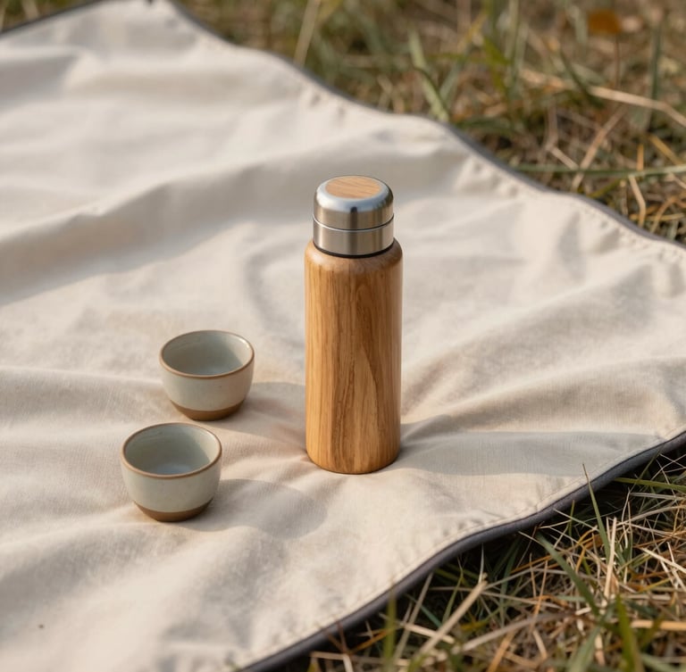 Close-up of a high-quality canvas picnic blanket spread on dry grass, a wooden thermos and ceramic cups under soft afternoon sunlight, warm natural tones, 35mm photography