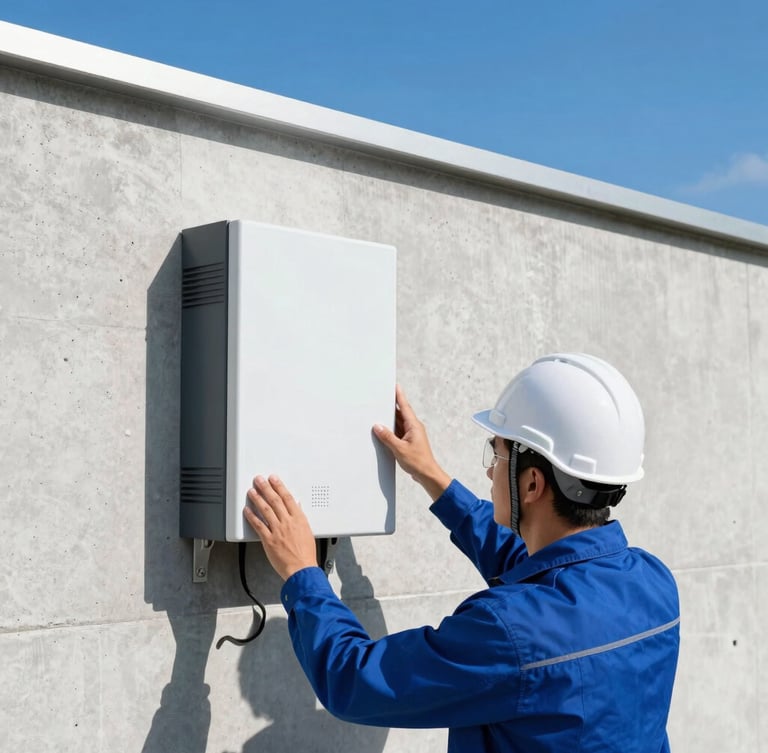 Close-up of a professional solar engineer in a white hardhat inspecting a modern solar inverter on a clean concrete wall, bright direct sunlight, vibrant blue tones, 35mm