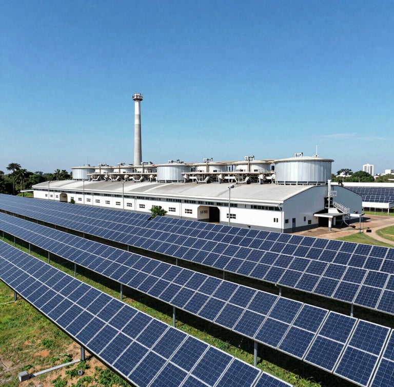Drone perspective of a massive industrial solar panel installation in São Paulo under bright direct sunlight, clean blue sky, crisp architectural photography