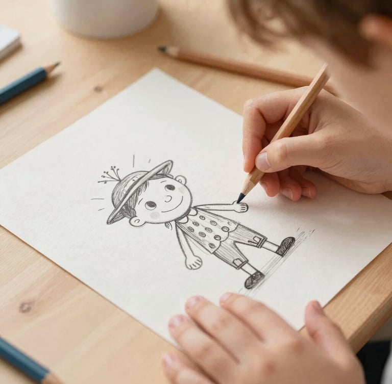 Overhead macro shot of a children's illustrator's desk, hands holding a colored pencil sketching a whimsical character on textured paper, soft warm morning light, cozy studio setting, 35mm