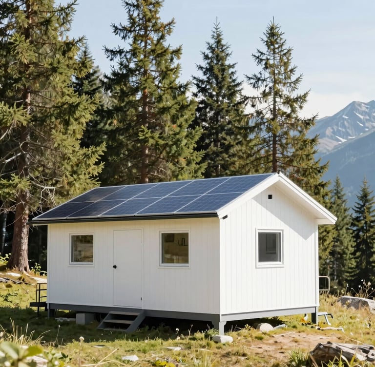 Bright high-exposure outdoor photography, a clean modern alpine basecamp cabin with solar panels in a sunlit pine forest, crisp morning daylight, high-key wilderness aesthetic