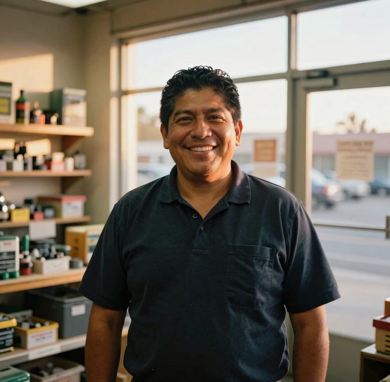 Warm editorial portrait of a Latino shopkeeper smiling proudly inside his local hardware store in Orange County, beautiful natural golden-hour light filtering through the window, authentic and dignified, 35mm