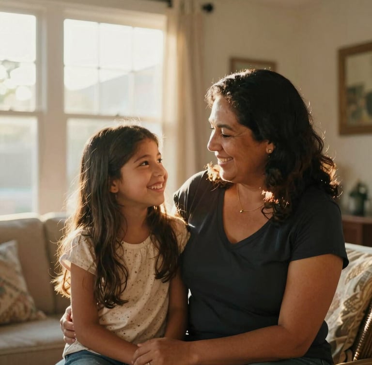 Warm candid photo of a Hispanic mother and daughter smiling inside their bright living room, soft golden hour sunlight filtering through a window, 35mm editorial photography