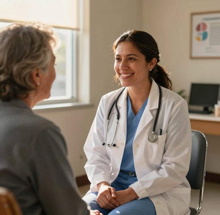 A warm, smiling Latina doctor in a bright, sunlit community clinic in Orange County, talking gently to an elderly patient, natural golden-hour light, 35mm