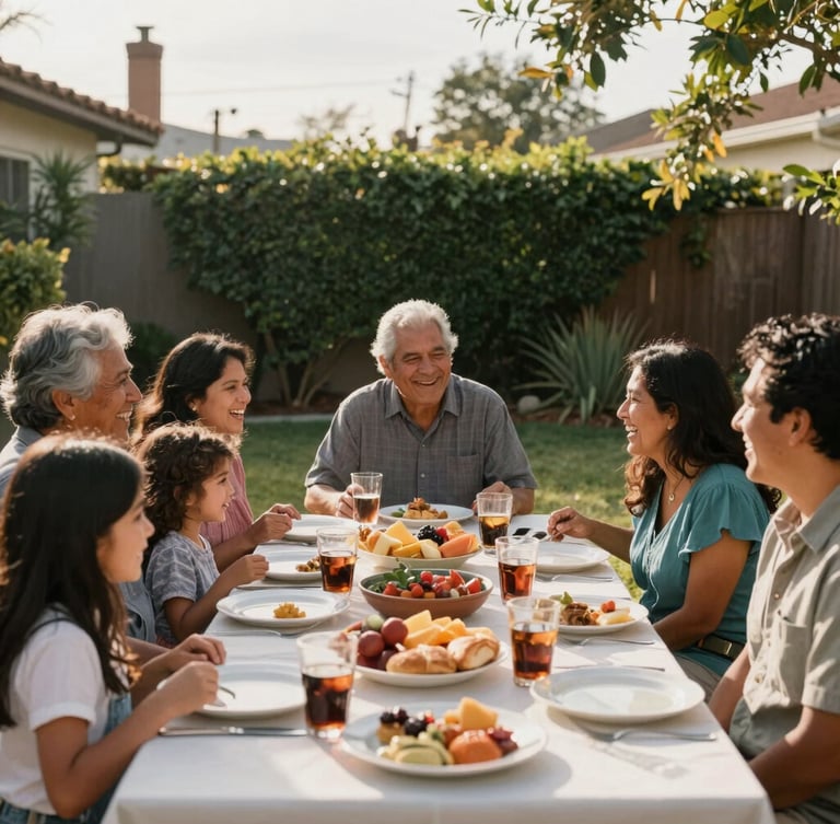 A candid medium shot of a multigenerational Hispanic family sharing a meal in a sunny backyard in Orange County, laughing in warm natural daylight