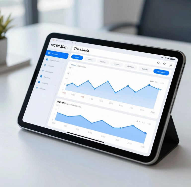 Close-up of a financial dashboard on a tablet screen, clean modern office desk background, natural daylight, cool blue tones