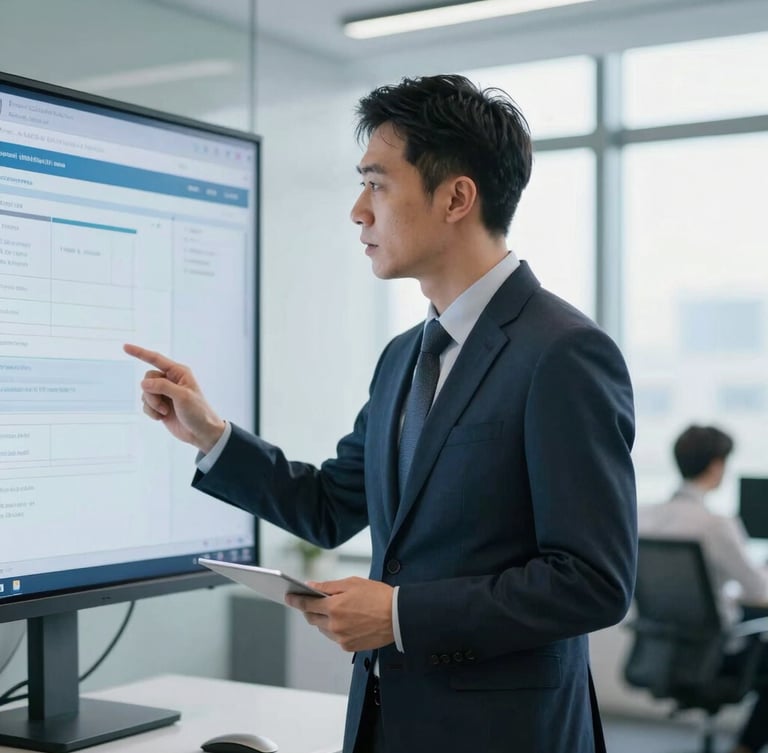 Professional consultant in a modern corporate environment, discussing data on a screen, natural side light, shallow depth of field
