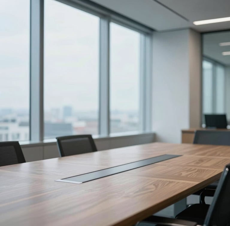 A clean, modern corporate office interior with floor-to-ceiling windows, soft daylight casting cool blue tones on a structured wooden boardroom table, shallow depth of field, 35mm