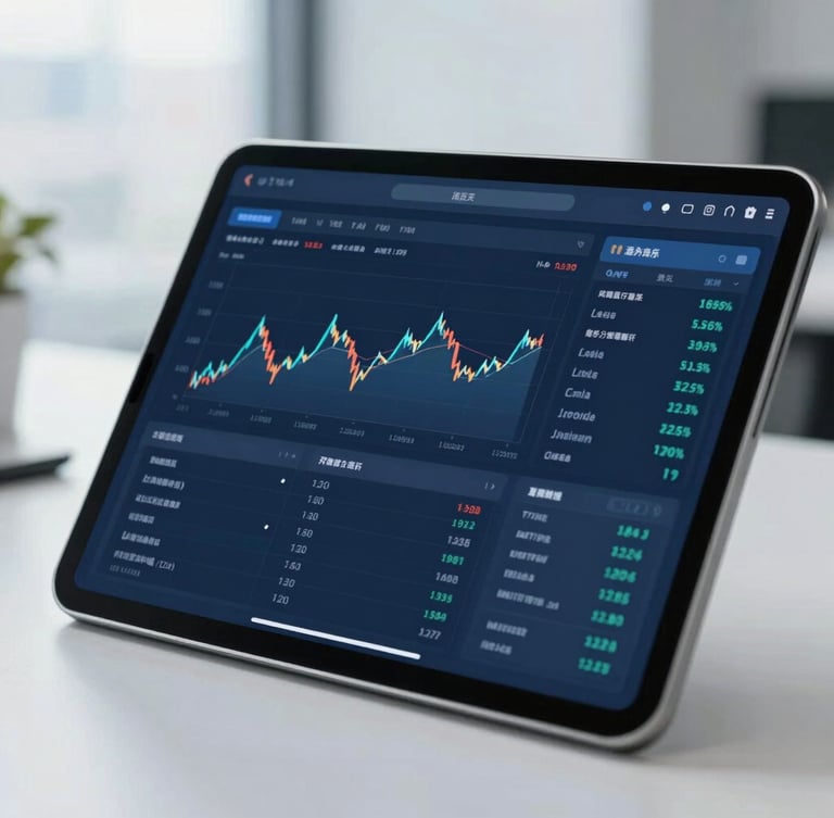 Close-up of a modern financial dashboard on a tablet screen in a bright corporate office, clean daylight, cool blue tones