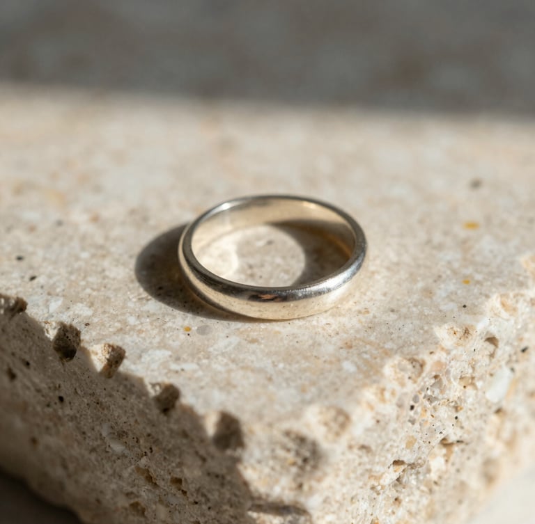 Macro close-up of a solid silver ring resting on a piece of raw, textured travertine stone, direct natural sunlight casting sharp architectural shadows
