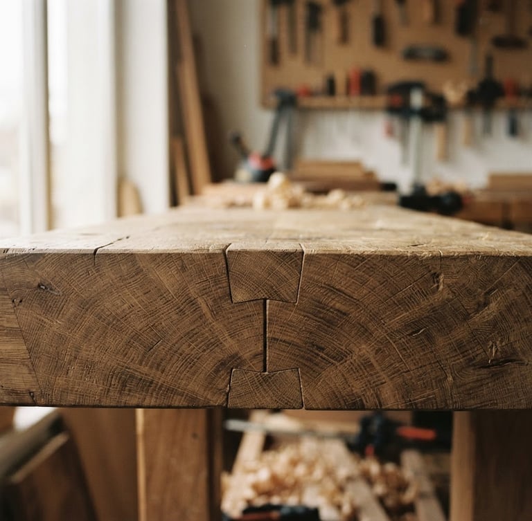 Primer plano de un ensamble de cola de milano expuesto en una mesa monumental de roble macizo, luz lateral suave de taller, enfoque en la textura de la madera.
