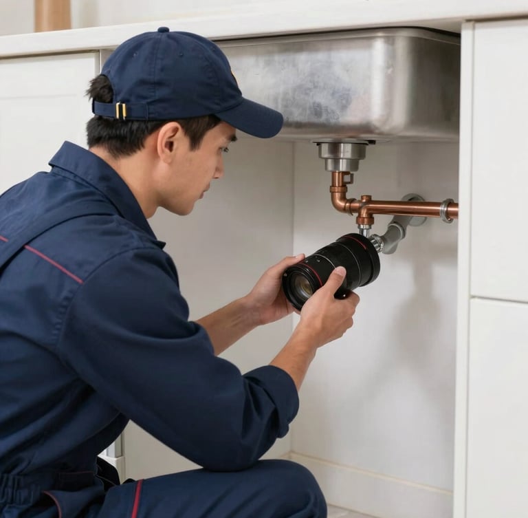 A professional plumber in a clean navy uniform repairing copper water pipes under a kitchen sink, bright natural daylight, sharp focus 35mm lens