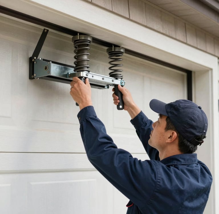 A certified garage door technician in a clean navy uniform adjusting heavy-duty steel torsion springs above a residential garage door, bright natural daylight, sharp focus, 35mm lens.
