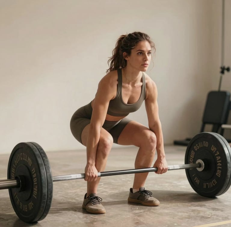 Warm editorial photography of a focused woman performing a deadlift with correct form, natural daylight, soft shadows, muted earth tones, 35mm