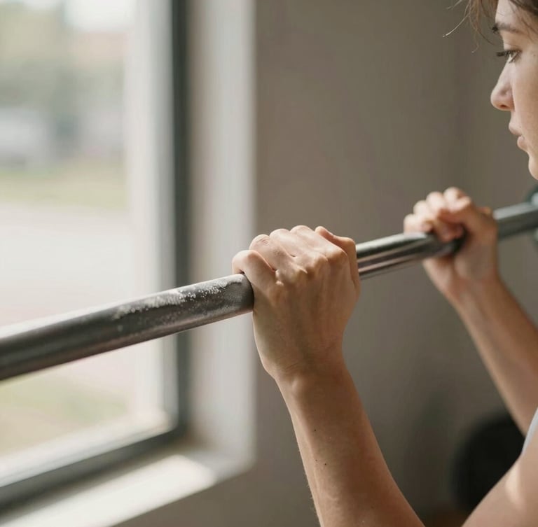 Close-up of a woman's hands with chalk gripping a steel barbell, warm natural daylight streaming through a window, shallow depth of field, 35mm