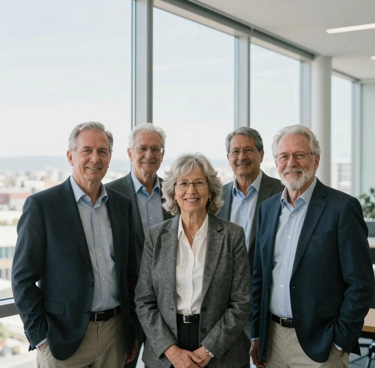 Environmental portrait of senior financial advisors in a modern San Jose office, natural window light, cool desaturated tones, 35mm lens