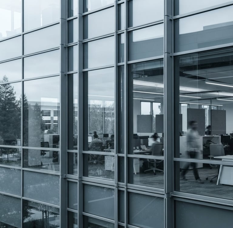 Modern architectural detail of a Silicon Valley workspace glass facade, bright indirect daylight, cool desaturated tones with sharp contrast, 35mm lens, editorial style