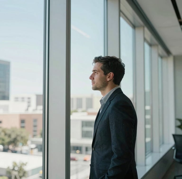 Environmental portrait of a founder looking out a large window in a modern San Jose office, bright indirect daylight, cool desaturated tones with sharp contrast, 35mm lens, editorial style