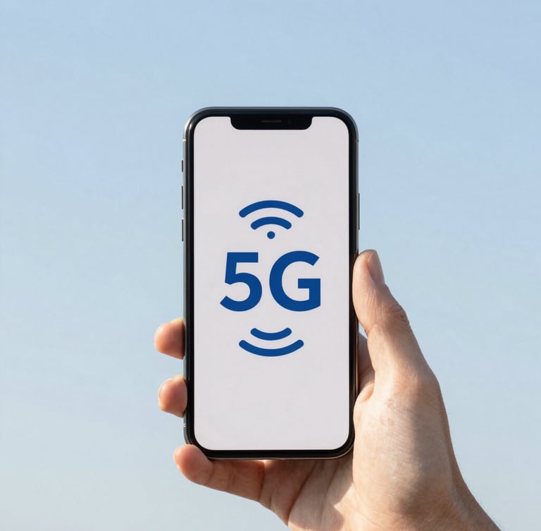 A modern smartphone held in hand displaying full 5G signal bars against a clean, bright sky, minimalist composition, daylight, 35mm