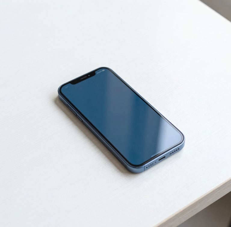 Straight-on clean minimalist photograph of a modern smartphone resting on a white wooden table, bright daylight showing full signal bars, blue and white tones, crisp focus, 35mm