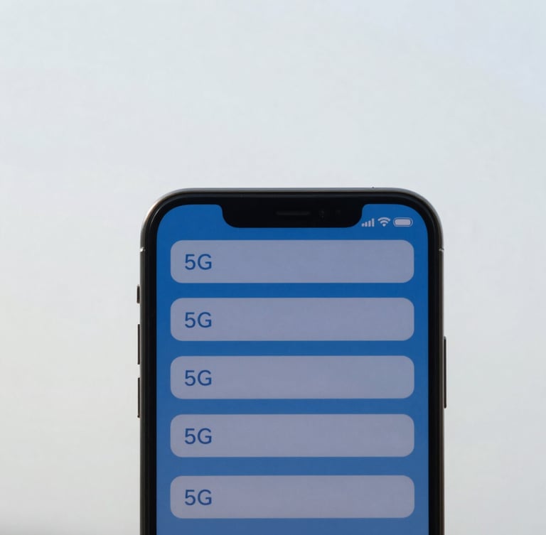 A close-up photograph of a modern smartphone showing full 5G signal bars against a clean, bright neutral sky, 35mm