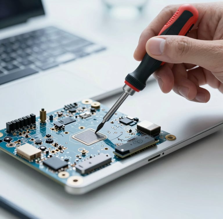 Macro shot of a clean technical workspace, hands holding a precision screwdriver over a disassembled metallic laptop motherboard, bright daylight, cool blue tones