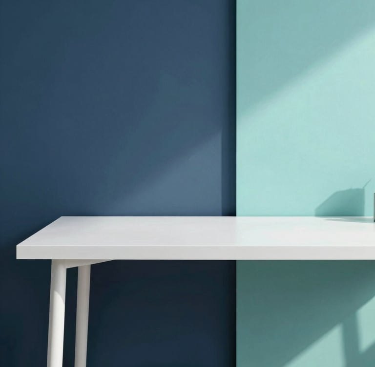Clean editorial photography of a modern minimalist workspace, bright natural daylight, soft navy and teal tones, sharp focus, 35mm