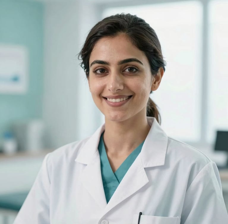 Professional close-up portrait of female physiotherapist Dr. Aqsa Waheed in a bright, modern clinic, smiling confidently, clean clinical photography, soft teal and white tones.